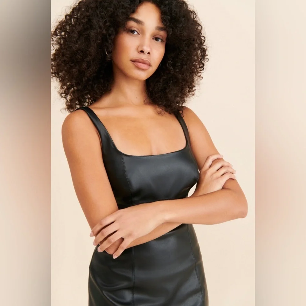 NWT Maeve Anthropologie Square-neck leather black dress S - Picture 4 of 15